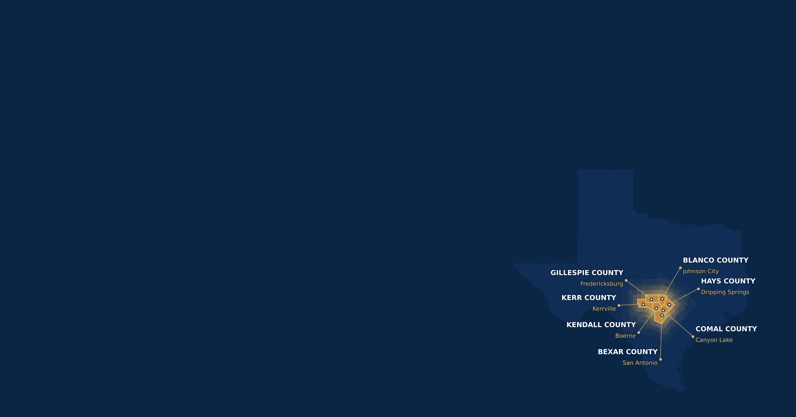 Trinity Water Treatment service area: highlighted counties across South and Central Texas